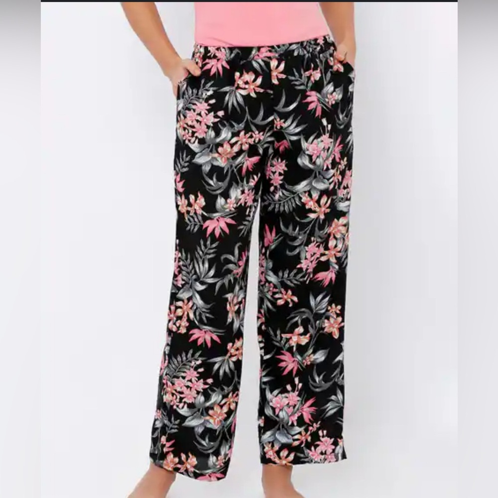 H&M Black and Pink Floral Wide Leg Pants
